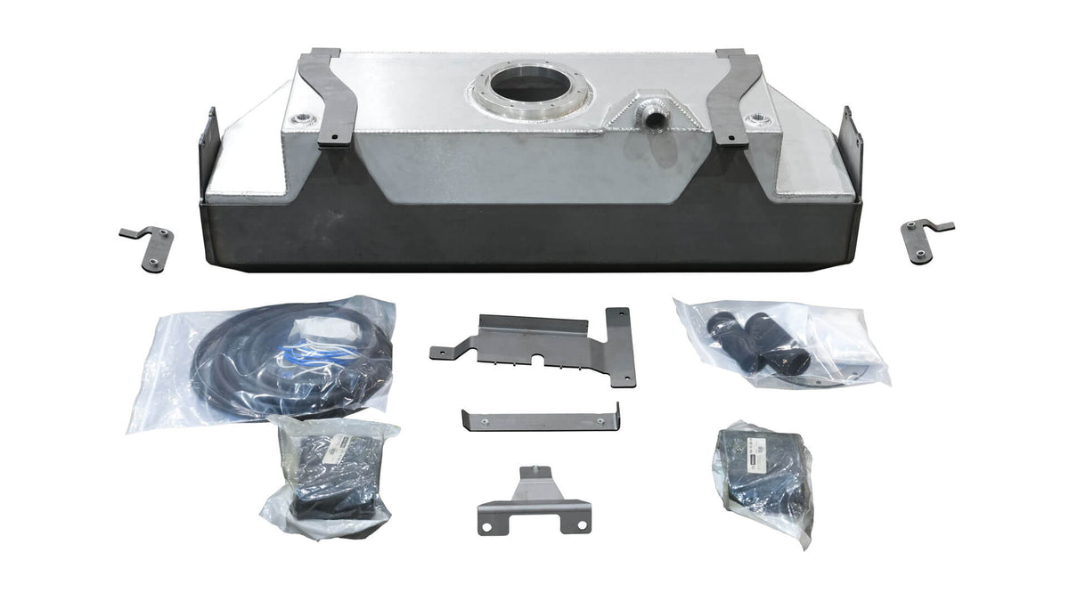 Motobilt Fuel Cell MB5083 for Jeep Gladiator 4 Link Suspension 25 gallon aluminum fuel tank with 3/16" steel skid plate. everything included shown such as brackets, hoses, wiring