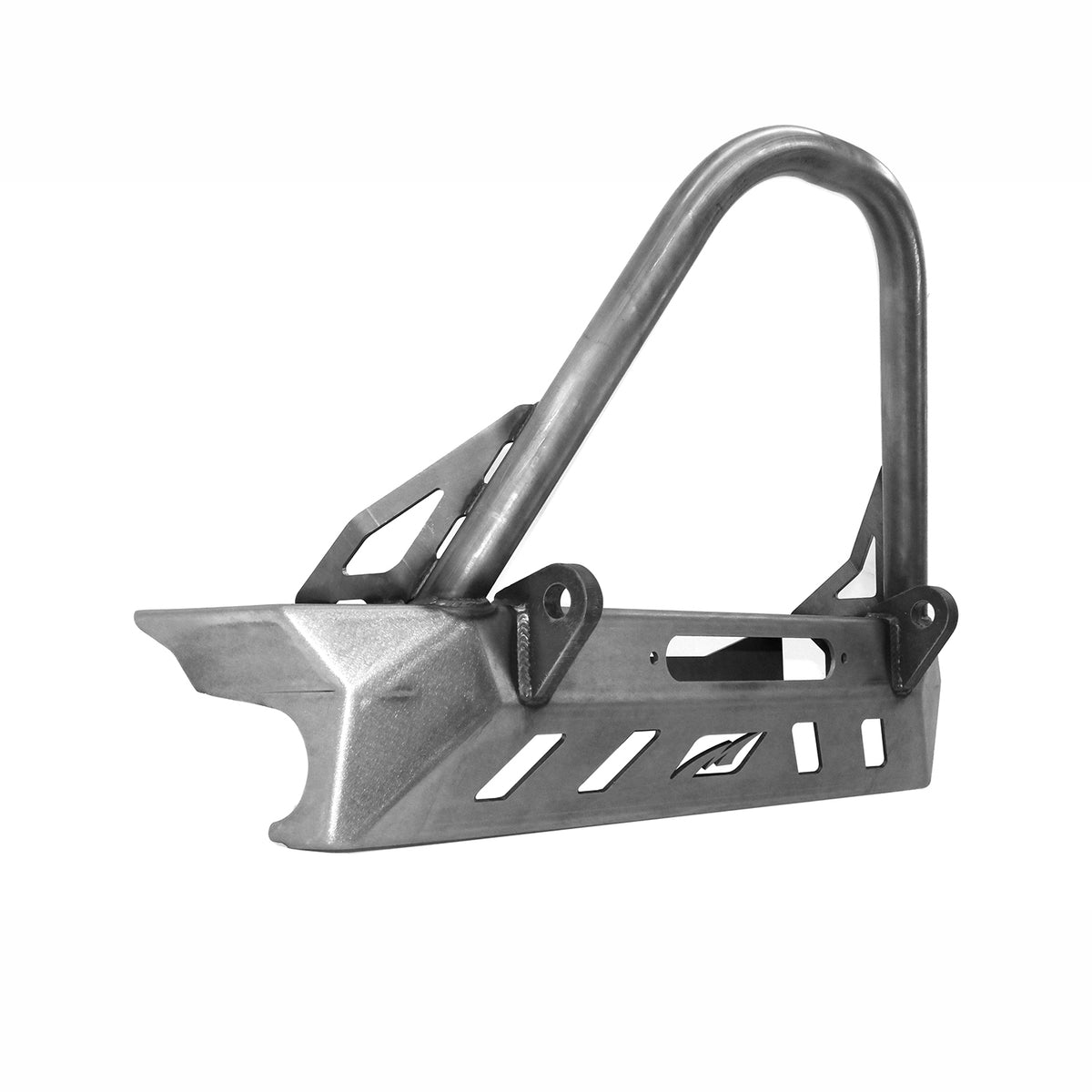Motobilt Crusher Front Bumper w/ Stinger MB1069-S for Jeep YJ / TJ /LJ passenger side front view showing stinger and d rings