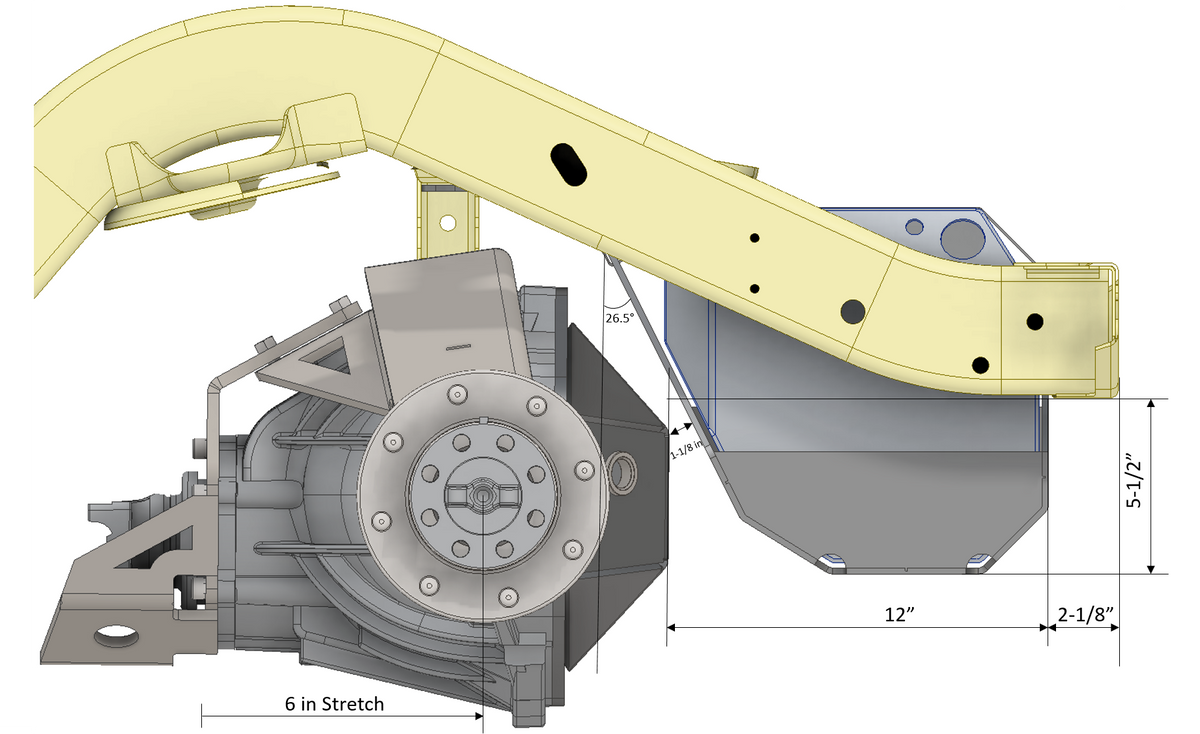 Motobilt Stretch Underbody Fuel Cell MB5020 for TJ / LJ drawing that shows this installed with a gm 14 bolt rear axle with 6"s of stretch and dimensions are shown