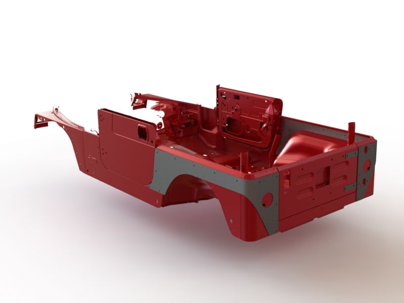 Motobilt Comp Cut Corner Guards MB1051 for Jeep TJ 3/16" Steel with tail light cut outs and holes for factory tail gate hinges shown in a CAD rendering showing how they would mount on a Jeep TJ and what area of the factor body would need to be cut
