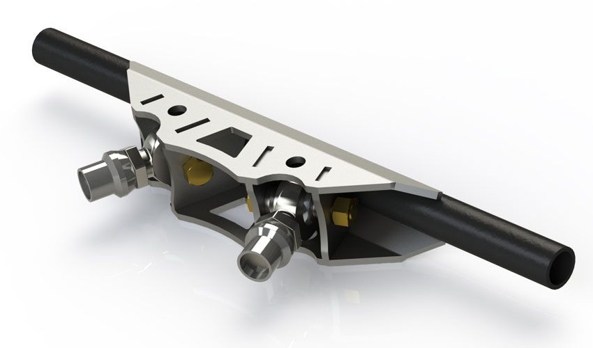 Motobilt Bat Wing Lower Triangulated 4 Link Mount LARGE MB1520 assembled CAD view mounted on tubing with heim joints and hardware in place
