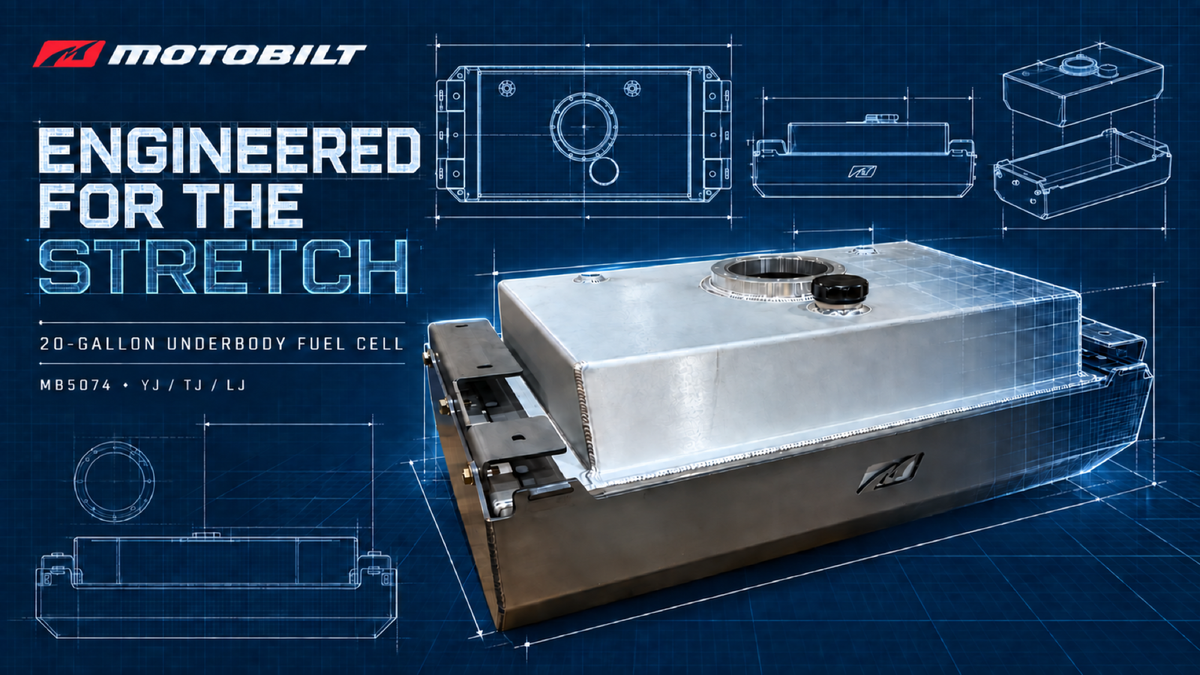 Blueprint-style Motobilt MB5074 20-gallon underbody fuel cell for Jeep YJ, TJ and LJ builds