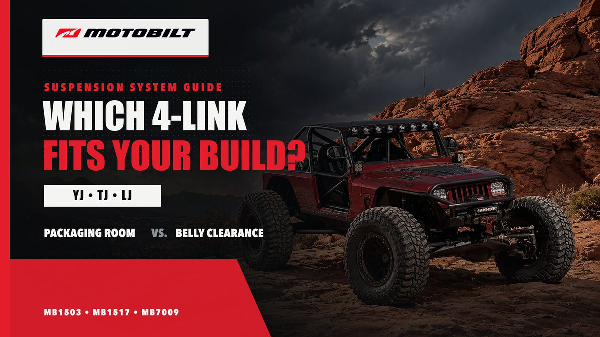Red Motobilt Jeep YJ in Utah red rock with MB1503, MB1517 and MB7009 4-link suspension guide headline