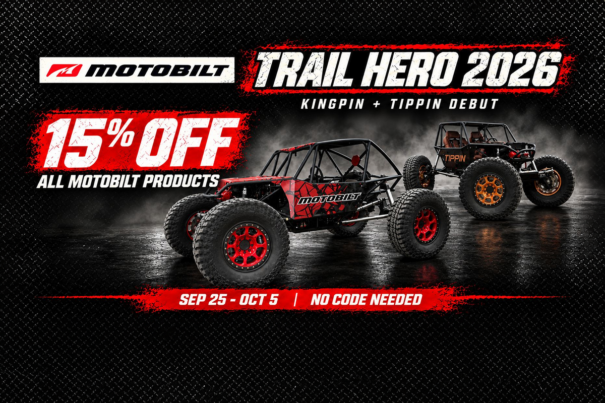 Kingpin and Tippin debut at Trail Hero 2026. Save 15% on all Motobilt products September 25 through October 5. No code needed.