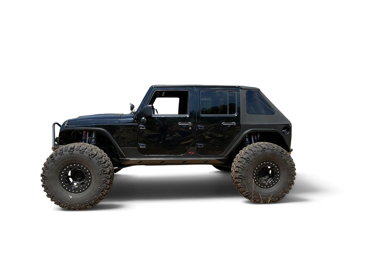 Side profile of Motobilt Blackout JKU with numbered links to its bumper, fender, axle trusses and rocker guards