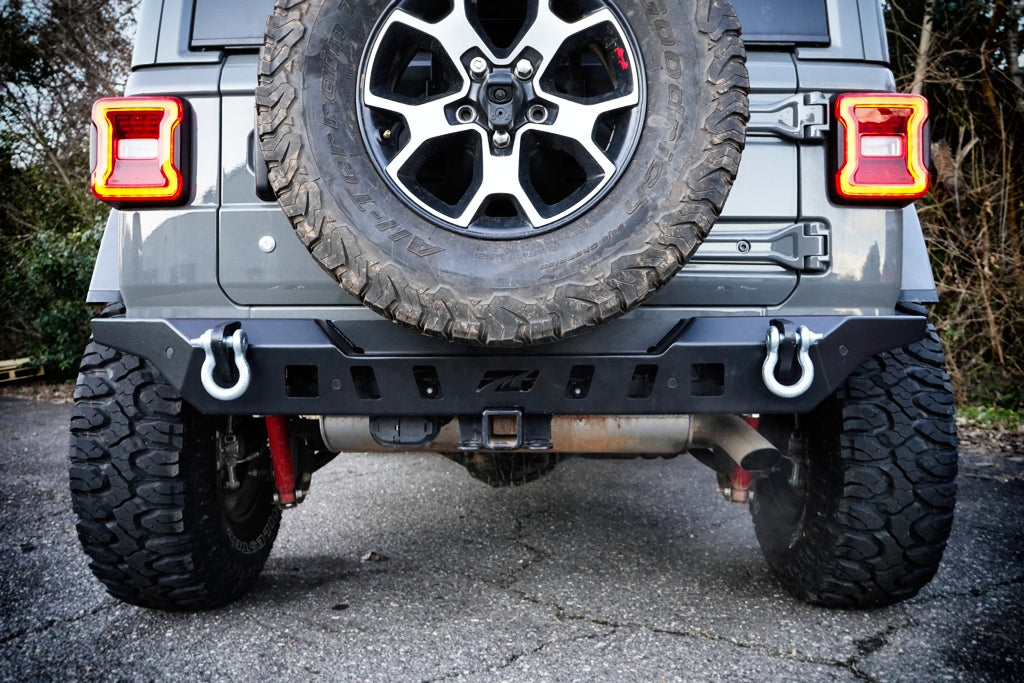 Rear Crusher Bumper w/ Light Mounts w/Spare Tire Cutout for Jeep JL - Motobilt